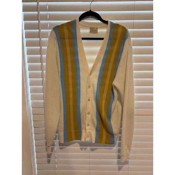 Vintage Sears Sportswear Mens XL ORLON Acrylic Striped V-Neck Cardigan Sweater